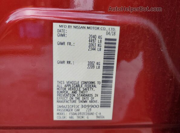1N4AZ1CP3JC309900 2018 NISSAN LEAF Red VIN sticker view