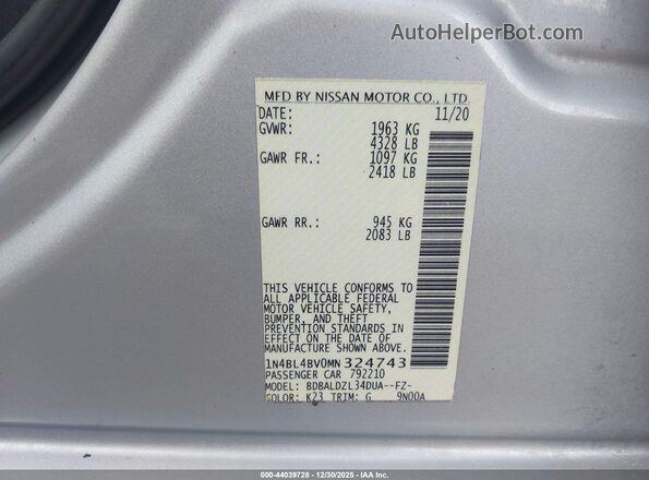 1N4BL4BV0MN324743 2021 NISSAN ALTIMA Silver Vista del compartimento del motor