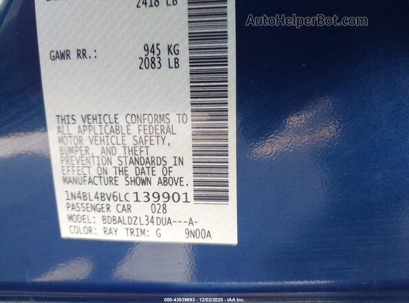 1N4BL4BV6LC139901 2020 NISSAN ALTIMA Синий Вид подкапотного пространства