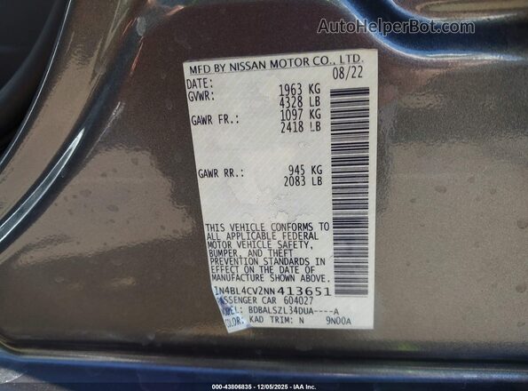 1N4BL4CV2NN413651 2022 NISSAN ALTIMA Серый Вид подкапотного пространства