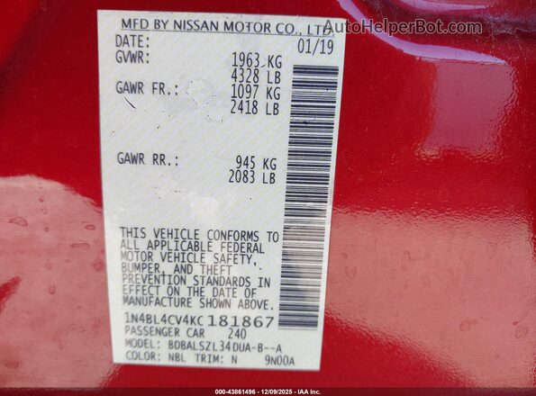 1N4BL4CV4KC181867 2019 NISSAN ALTIMA Красный Вид подкапотного пространства