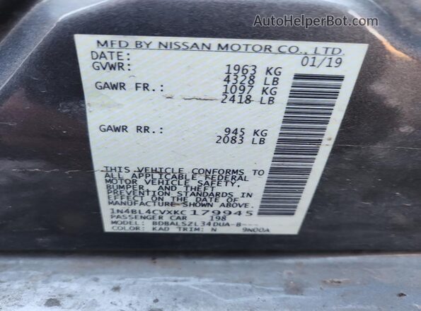 1N4BL4CVXKC179945 2019 NISSAN ALTIMA Charcoal Widok komory silnika