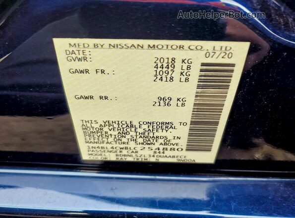 1N4BL4CW8LC254880 2020 NISSAN ALTIMA Blue Vista de la etiqueta del VIN