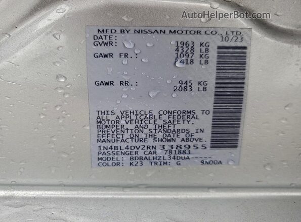 1N4BL4DV2RN338955 2024 NISSAN ALTIMA Серебряный Вид наклейки с VIN-кодом