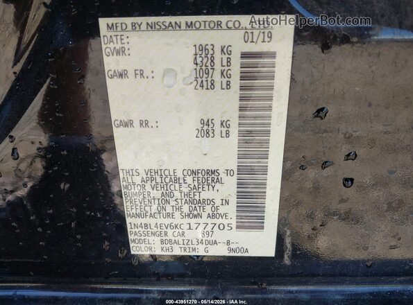 1N4BL4EV6KC177705 2019 NISSAN ALTIMA Черный Вид подкапотного пространства