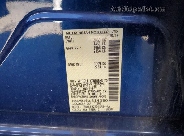 1N4BZ0CP7GC314380 2016 NISSAN LEAF Blue Widok komory silnika