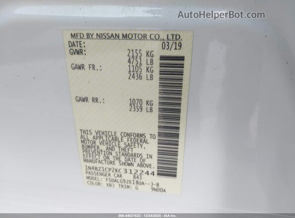 1N4BZ1CP2KC312244 2019 NISSAN LEAF White Widok komory silnika