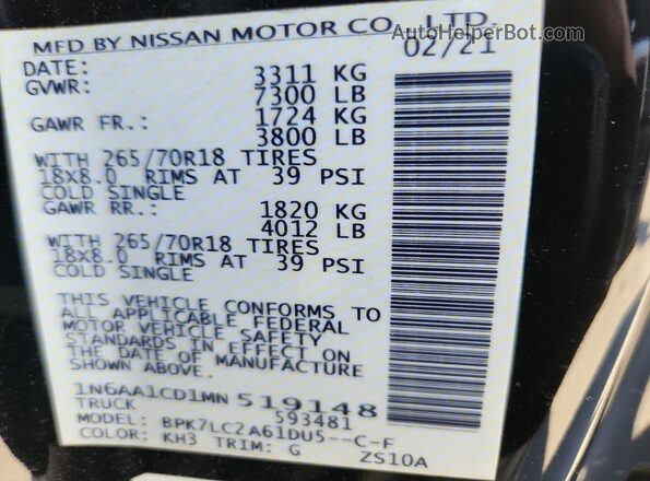 1N6AA1CD1MN519148 2021 NISSAN TITAN Black Вид наклейки з VIN-кодом