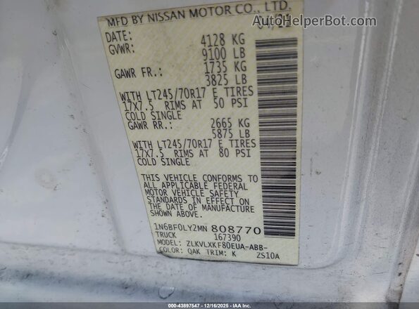 1N6BF0LY2MN808770 2021 NISSAN NV CARGO NV2500 HD White Vista del compartimento del motor