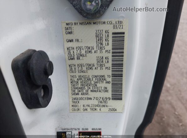 1N6ED0CF8MN707699 2021 NISSAN FRONTIER White ძრავის განყოფილების ხედი