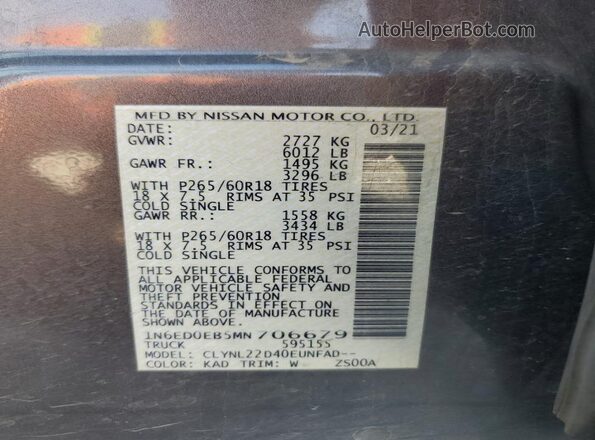 1N6ED0EB5MN706679 2021 NISSAN FRONTIER Gray VIN კოდის სტიკერის ხედი