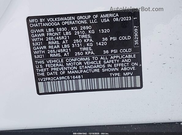 1V2FR2CA9RC516481 2024 VOLKSWAGEN ATLAS White Vista del compartimento del motor