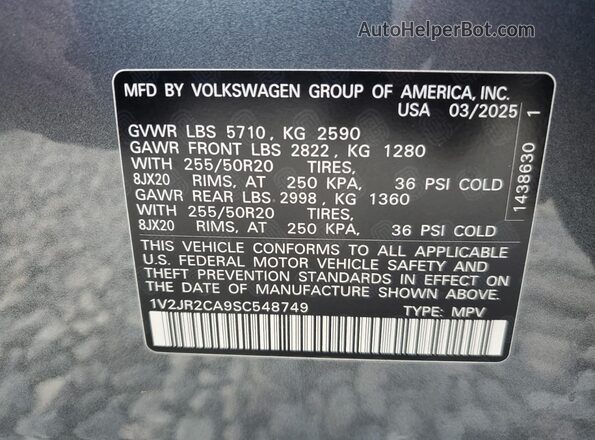 1V2JR2CA9SC548749 2025 VOLKSWAGEN ATLAS Charcoal Вид наклейки з VIN-кодом
