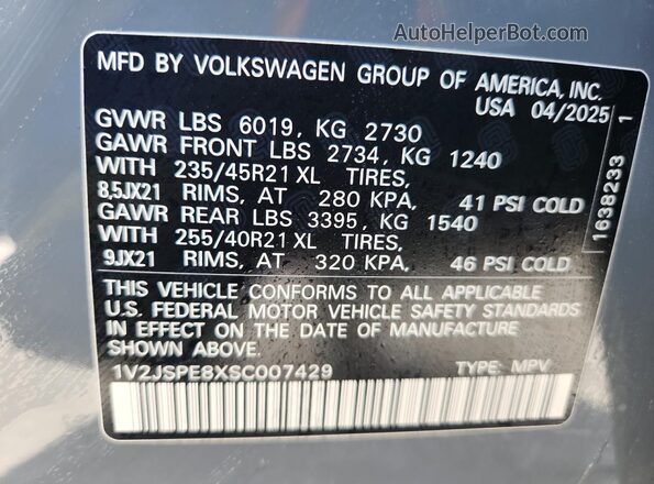 1V2JSPE8XSC007429 2025 VOLKSWAGEN ID.4 Gray Widok naklejki z numerem VIN