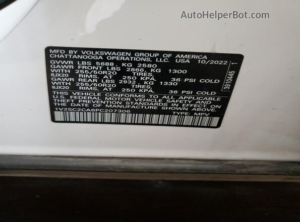 1V2SC2CA6PC207306 2023 VOLKSWAGEN ATLAS White VIN კოდის სტიკერის ხედი