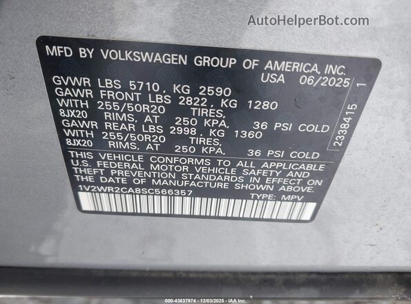 1V2WR2CA8SC566357 2025 VOLKSWAGEN ATLAS Серый Вид подкапотного пространства