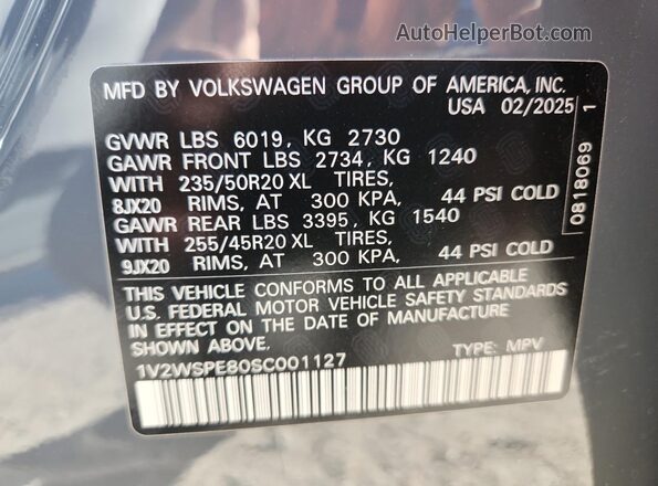 1V2WSPE80SC001127 2025 VOLKSWAGEN ID.4 Серый Панорамный вид салона 360°
