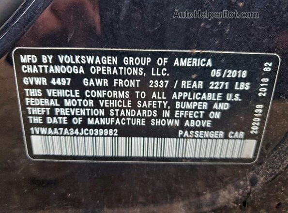 1VWAA7A34JC039982 2018 VOLKSWAGEN PASSAT Черный Вид наклейки с VIN-кодом