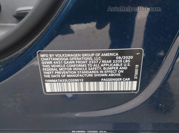 1VWMA7A33LC026012 2020 VOLKSWAGEN PASSAT Синий Вид подкапотного пространства