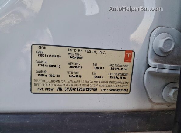5YJSA1E20JF280706 2018 TESLA MODEL Белый Вид наклейки с VIN-кодом