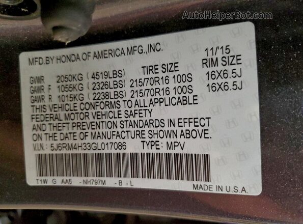 5J6RM4H33GL017086 2016 HONDA CRV Gray Widok wnętrza 360 stopni