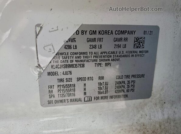 KL4CJASB9MB357938 2021 BUICK ENCORE Белый Панорамный вид салона 360°
