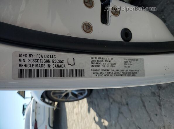 2C3CDZJG8NH260252 2022 DODGE CHALLENGER Белый Вид наклейки с VIN-кодом