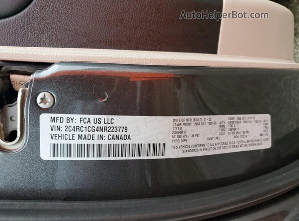 2C4RC1CG4NR223779 2022 CHRYSLER VOYAGER Серый Вид наклейки с VIN-кодом