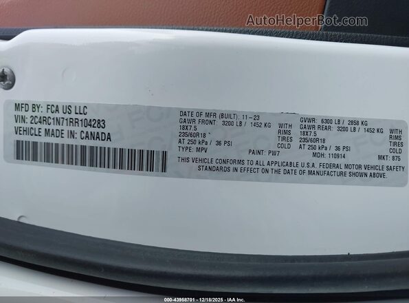 2C4RC1N71RR104283 2024 CHRYSLER PACIFICA Белый Вид подкапотного пространства