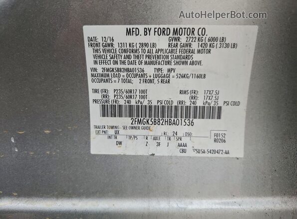 2FMGK5B82HBA01536 2017 FORD FLEX Silver Engine compartment view