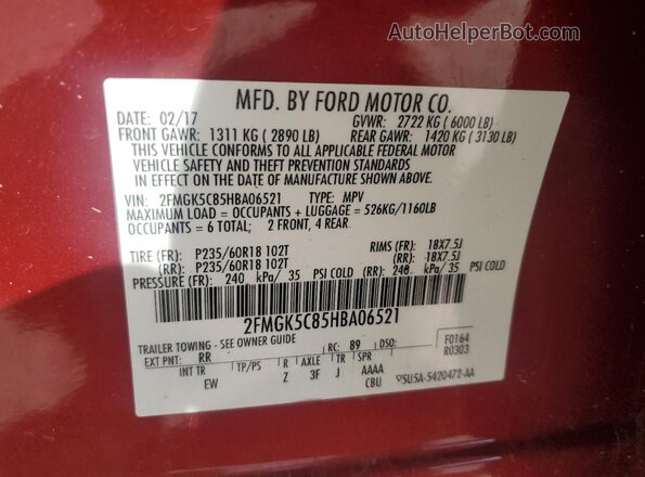 2FMGK5C85HBA06521 2017 FORD FLEX Красный Вид наклейки с VIN-кодом
