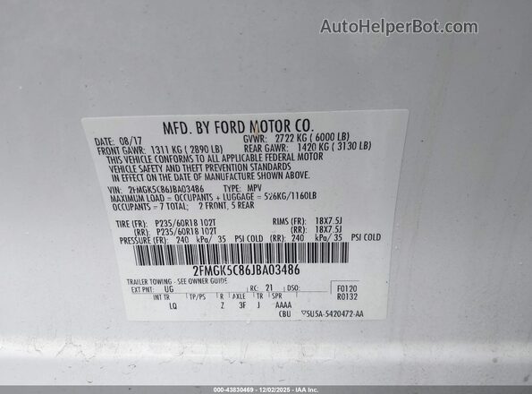 2FMGK5C86JBA03486 2018 FORD FLEX Белый Вид подкапотного пространства