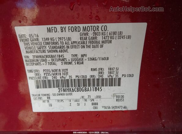 2FMHK6C80GBA11845 2016 FORD FLEX Красный Вид подкапотного пространства