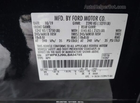2FMPK3J96LBA04785 2020 FORD EDGE Black Widok komory silnika