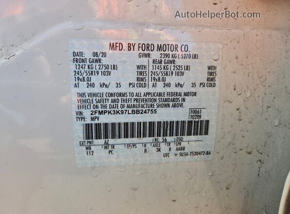 2FMPK3K97LBB24755 2020 FORD EDGE White Widok wnętrza 360 stopni