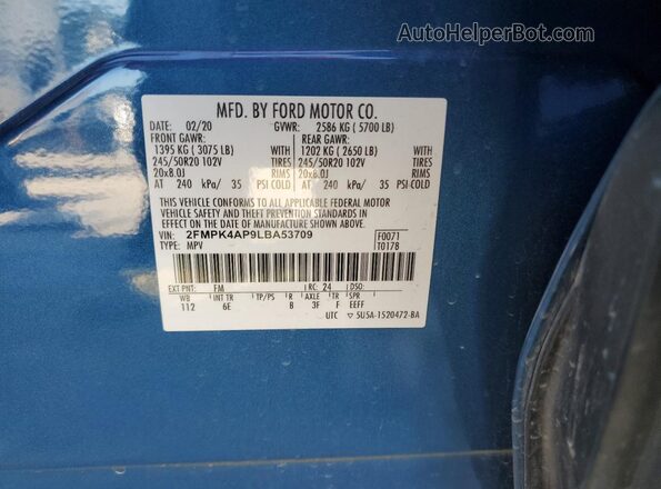 2FMPK4AP9LBA53709 2020 FORD EDGE Blue VIN sticker view