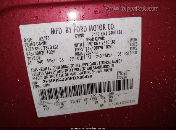 2FMPK4J90PBA08438 2023 FORD EDGE Красный Вид подкапотного пространства