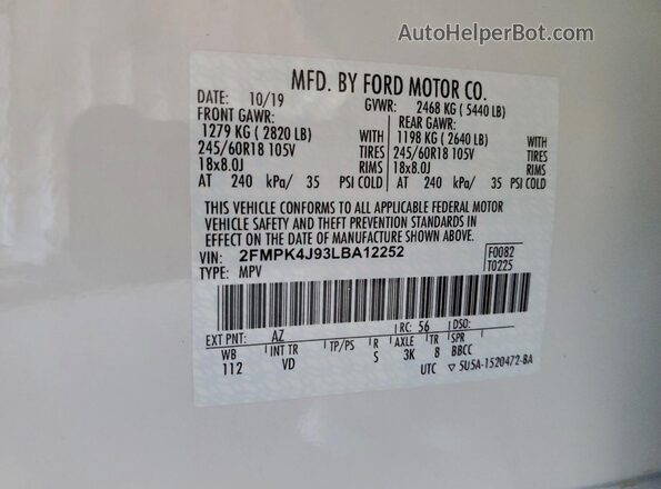 2FMPK4J93LBA12252 2020 FORD EDGE White Вид наклейки з VIN-кодом