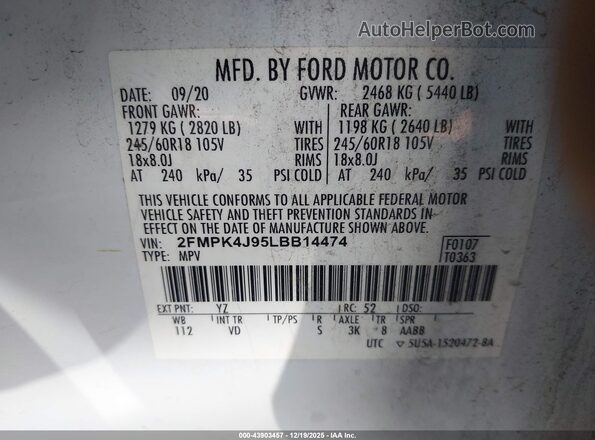 2FMPK4J95LBB14474 2020 FORD EDGE Белый Вид подкапотного пространства
