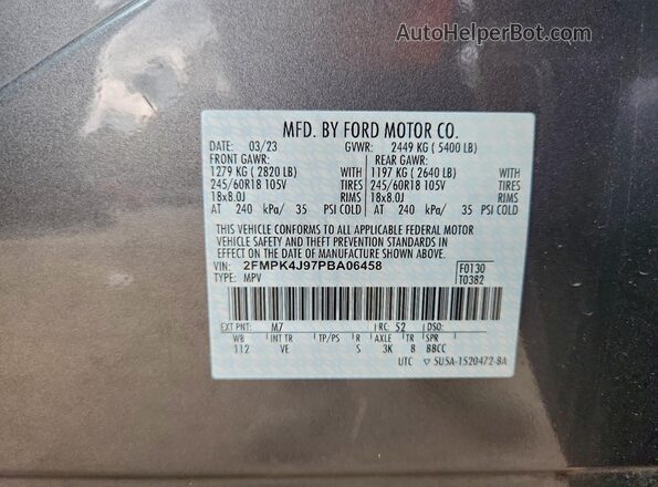2FMPK4J97PBA06458 2023 FORD EDGE Gray Вид наклейки з VIN-кодом