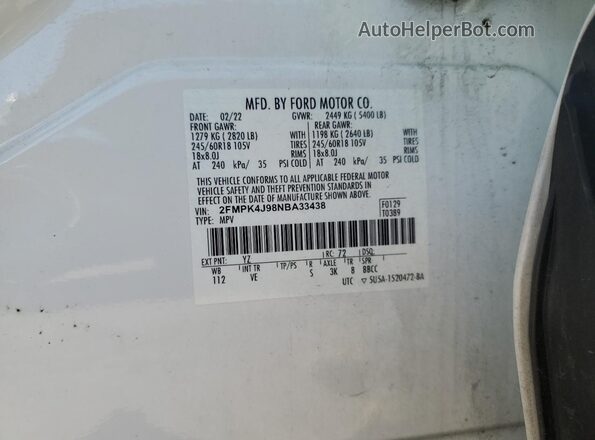 2FMPK4J98NBA33438 2022 FORD EDGE Белый Вид наклейки с VIN-кодом