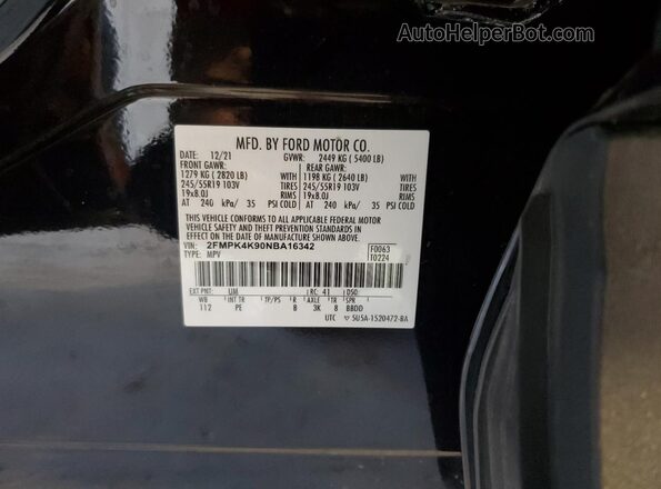 2FMPK4K90NBA16342 2022 FORD EDGE Black VIN კოდის სტიკერის ხედი