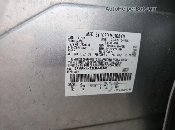 2FMPK4K92LBA06988 2020 FORD EDGE Silver Vista de la etiqueta del VIN