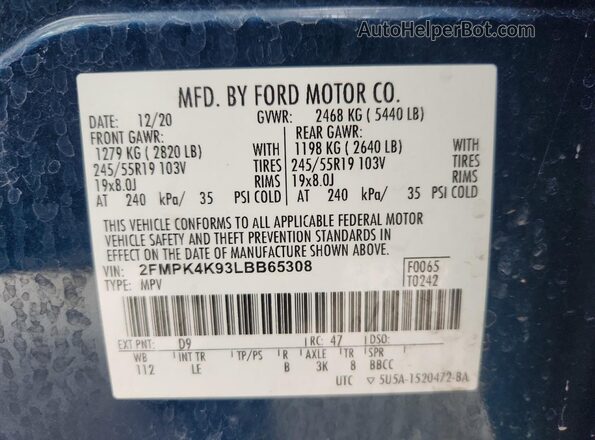 2FMPK4K93LBB65308 2020 FORD EDGE Blue Widok naklejki z numerem VIN