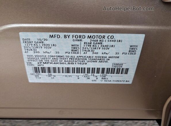 2FMPK4K96LBB11629 2020 FORD EDGE Золотой Вид подкапотного пространства
