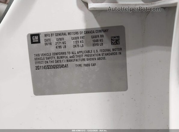 2G1145S33G9204541 2016 CHEVROLET IMPALA White Engine compartment view