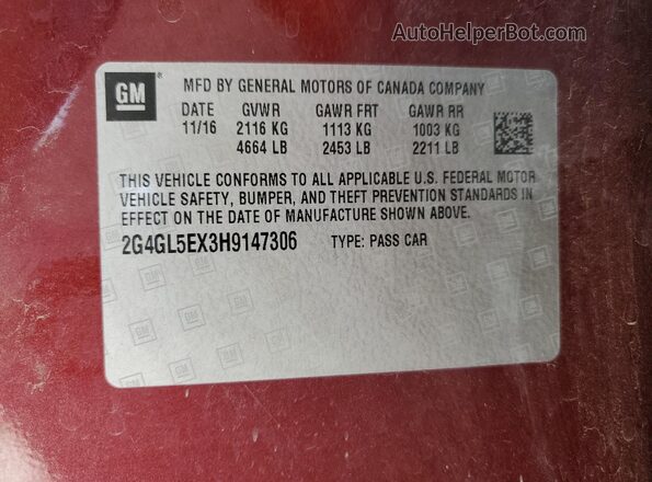 2G4GL5EX3H9147306 2017 BUICK REGAL Maroon Vista del compartimento del motor