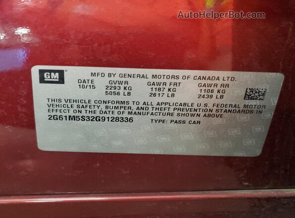 2G61M5S32G9128336 2016 CADILLAC XTS Красный Вид наклейки с VIN-кодом