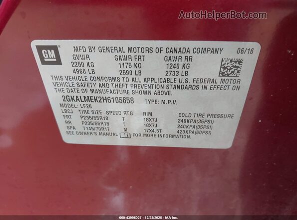 2GKALMEK2H6105658 2017 GMC TERRAIN Темно-бордовый Вид подкапотного пространства