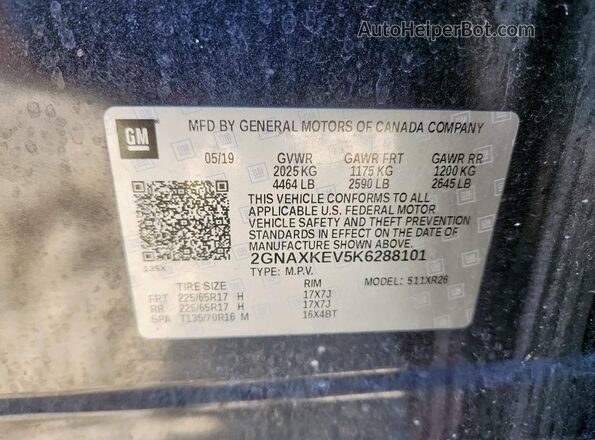 2GNAXKEV5K6288101 2019 CHEVROLET EQUINOX Угольный Вид наклейки с VIN-кодом